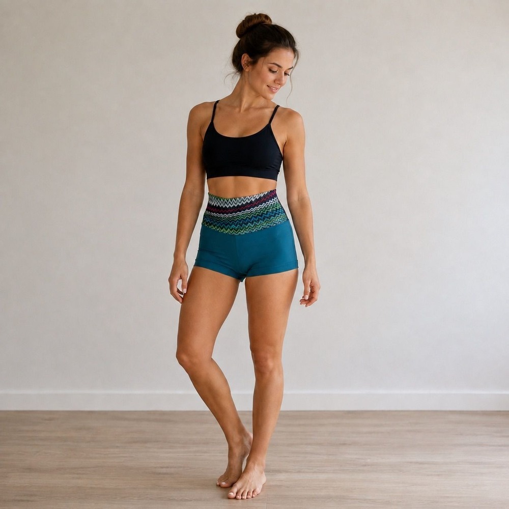 Capezio High Waist Dance Shorts Teal Chevron Waistband Athletic